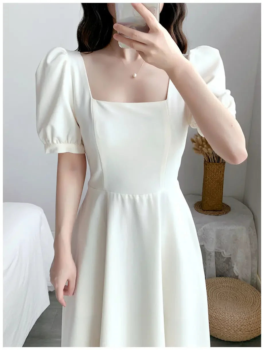 Slim Fit Women White Dress Bubble Sleeve