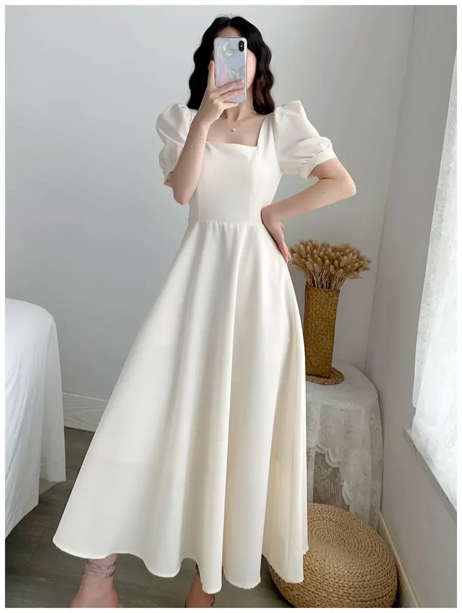 Slim Fit Women White Dress Bubble Sleeve