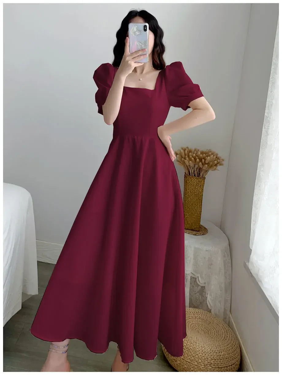 Slim Fit Women White Dress Bubble Sleeve