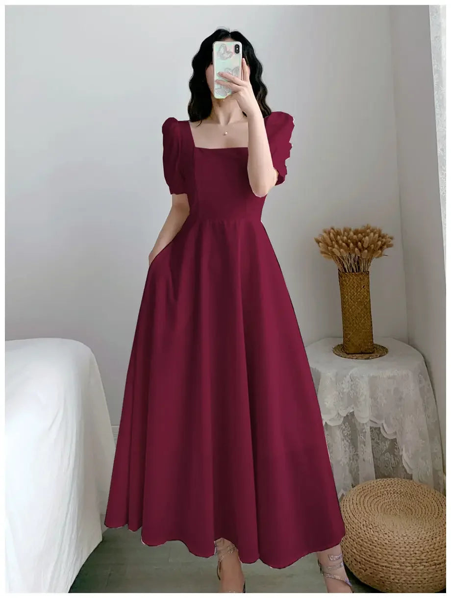 Slim Fit Women White Dress Bubble Sleeve