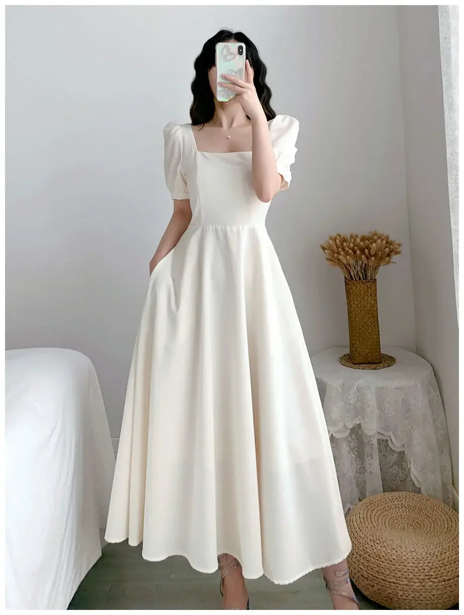 Slim Fit Women White Dress Bubble Sleeve