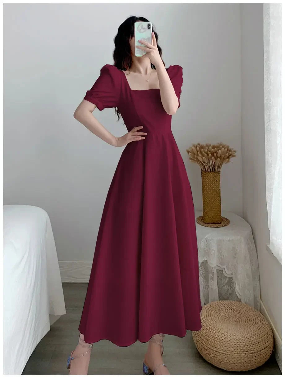 Slim Fit Women White Dress Bubble Sleeve