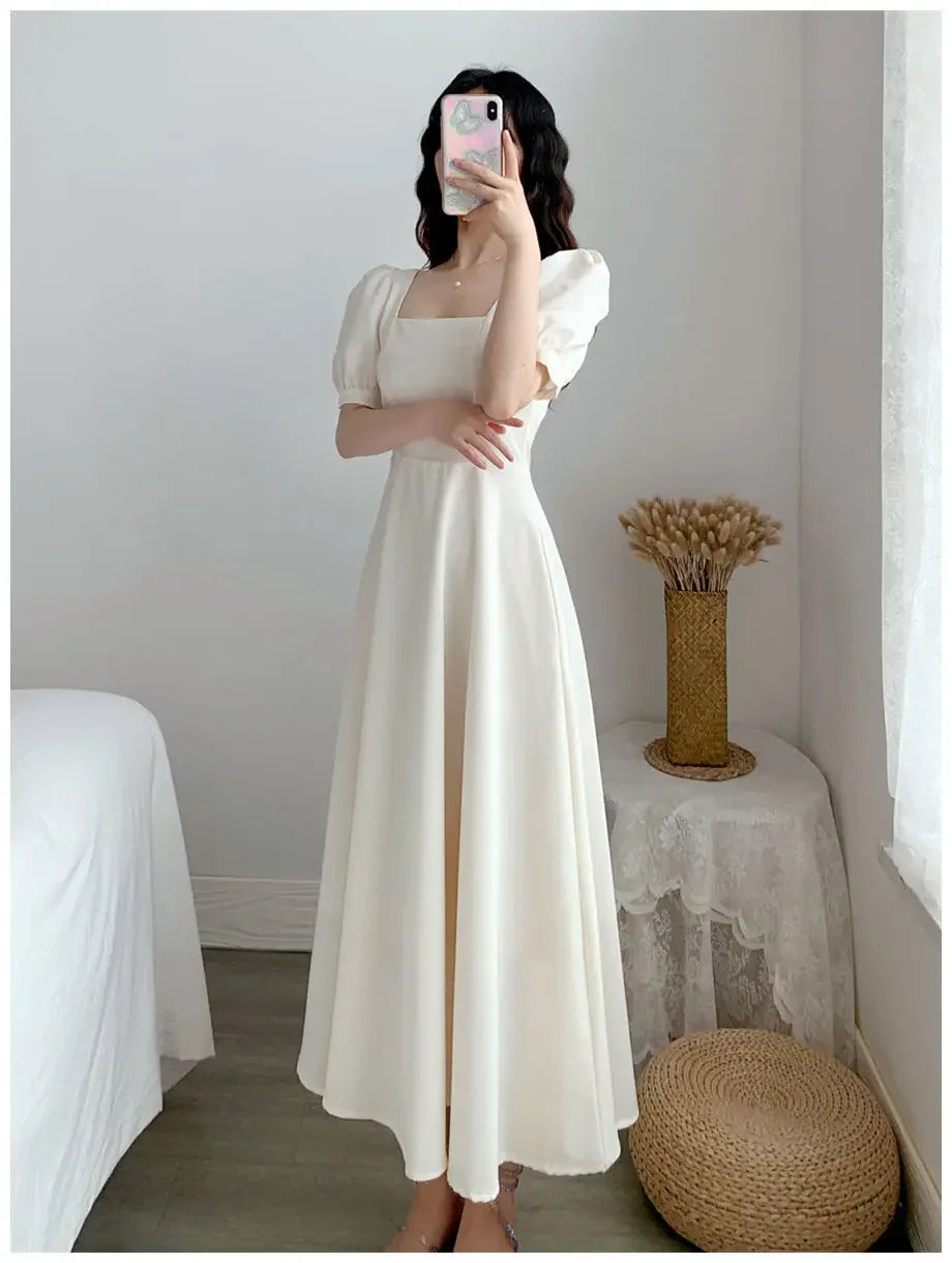 Slim Fit Women White Dress Bubble Sleeve