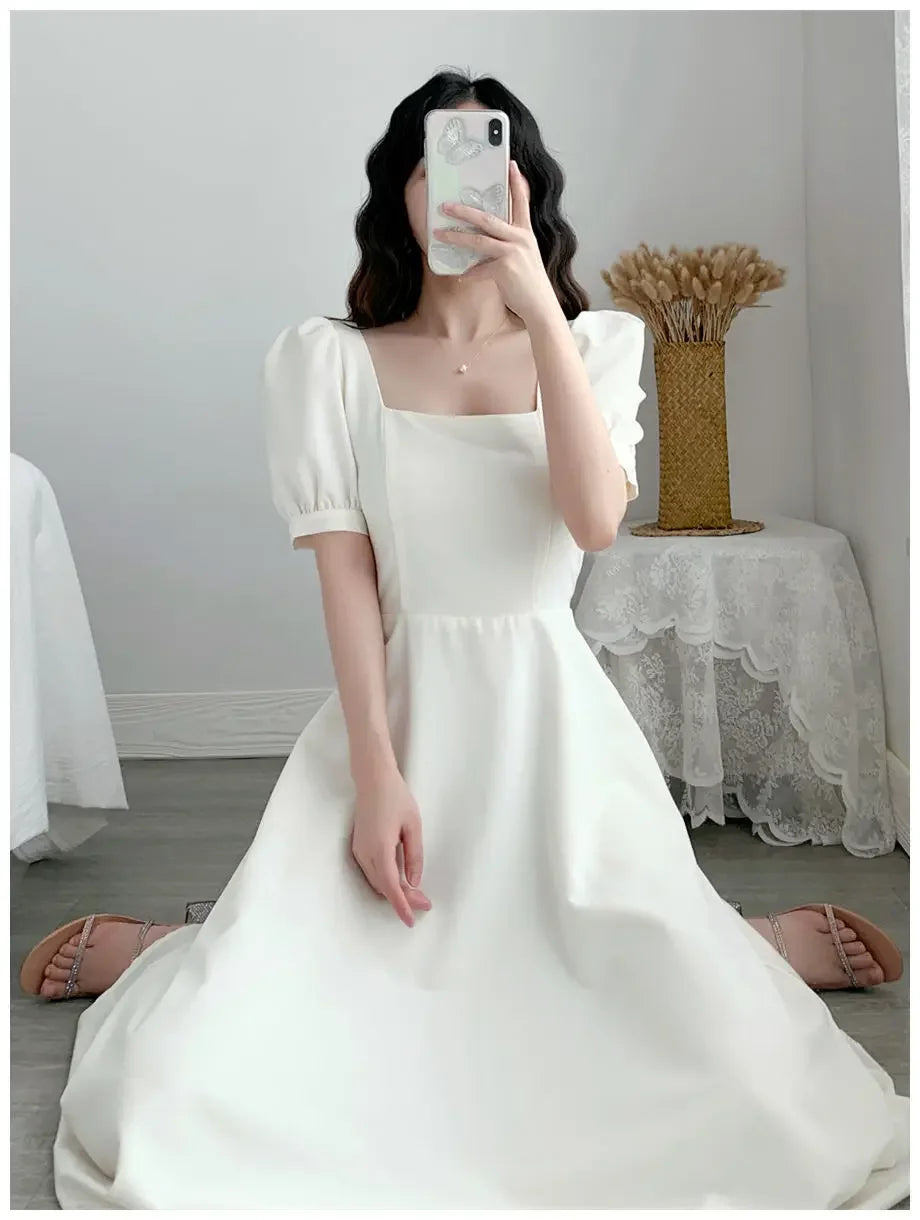Slim Fit Women White Dress Bubble Sleeve