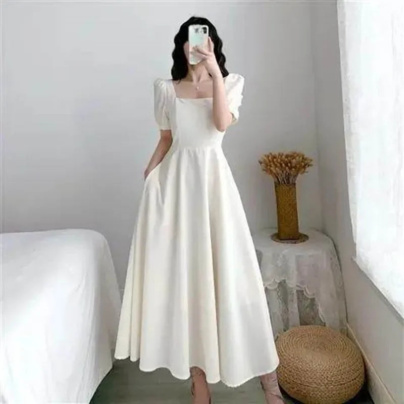 Slim Fit Women White Dress Bubble Sleeve