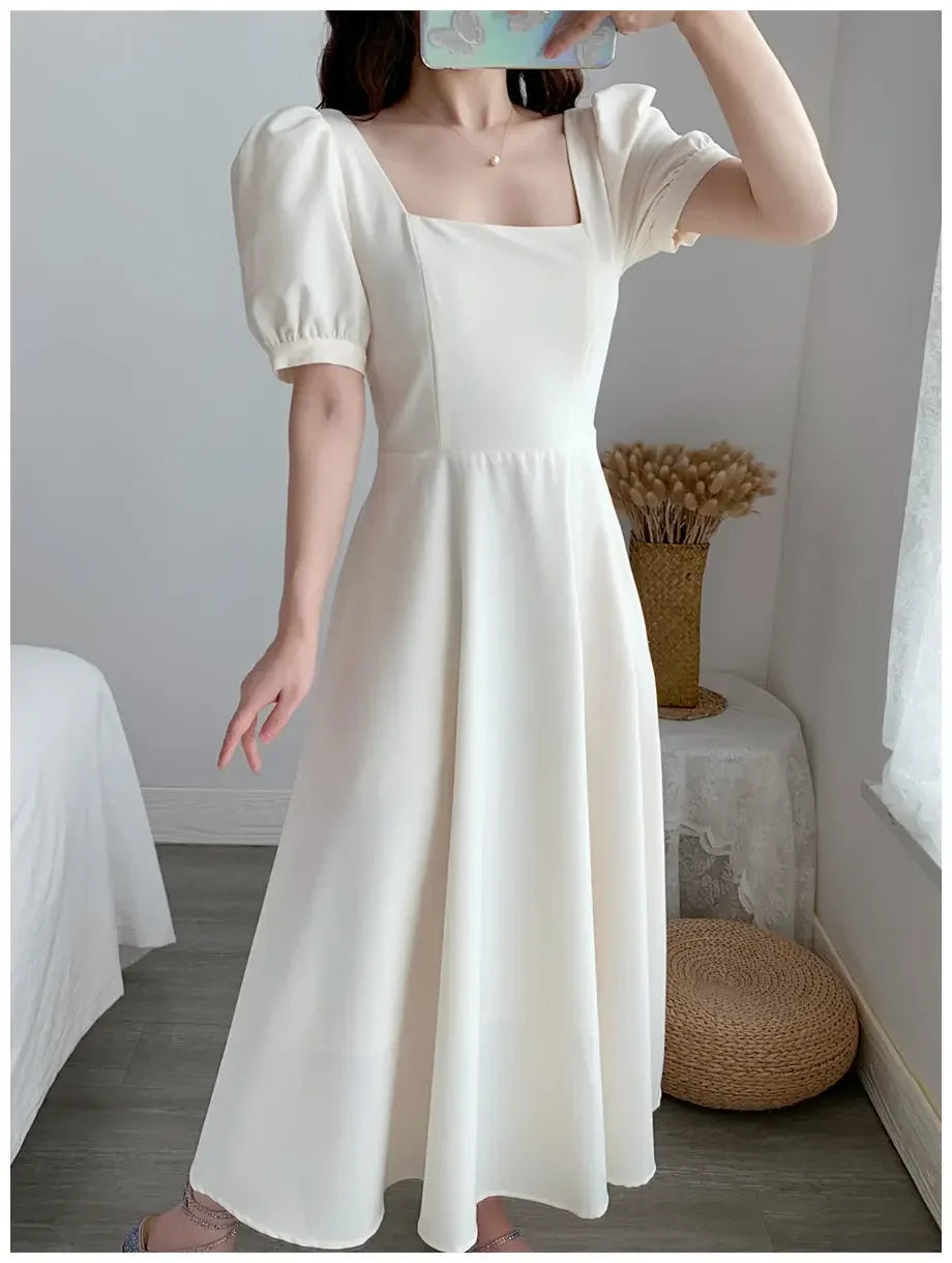 Slim Fit Women White Dress Bubble Sleeve