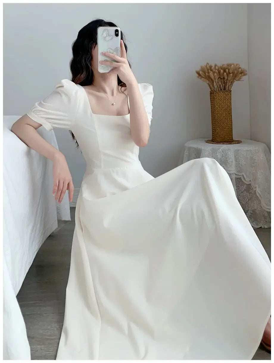 Slim Fit Women White Dress Bubble Sleeve