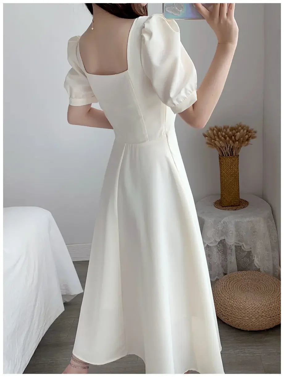 Slim Fit Women White Dress Bubble Sleeve